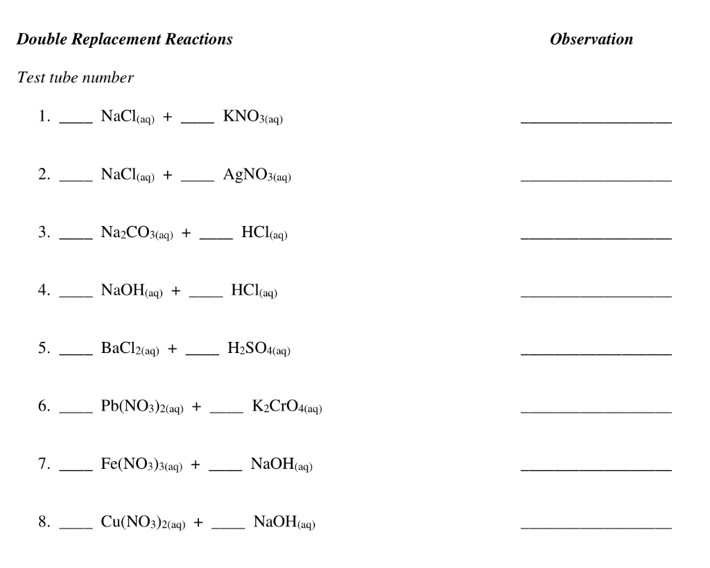 Solved Double Replacement Reactions Observation Test tube | Chegg.com