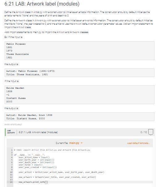 Solved 6.21 LAB: Artwork label (modules) Deinss Artist class | Chegg.com