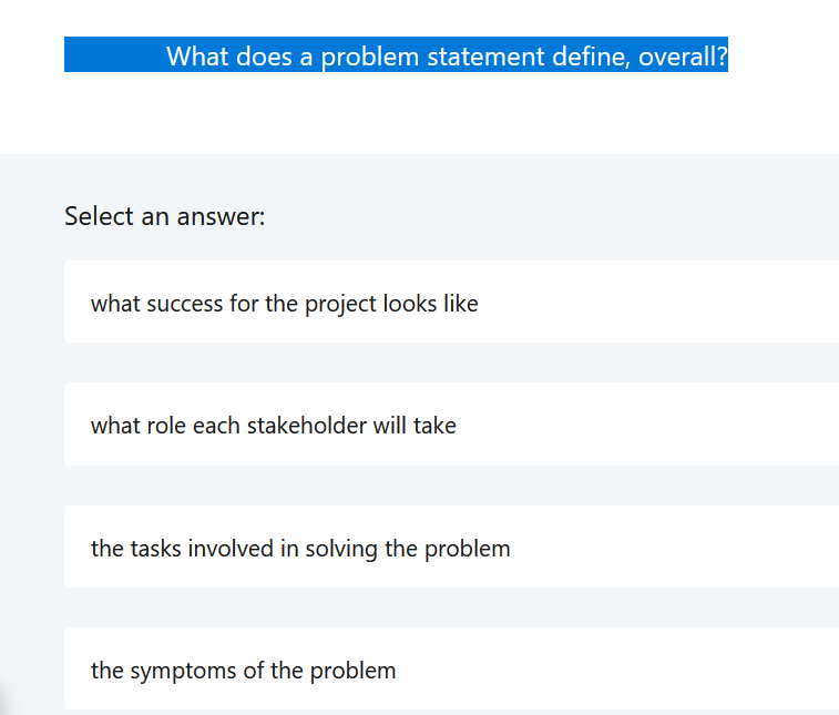 Solved What does a problem statement define, overall?Select | Chegg.com