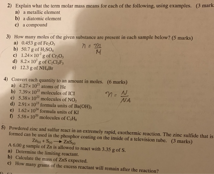 Solved 2) Explain what the term molar mass means for each of