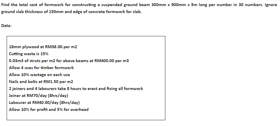 Find The Total Cost Of Formwork For Constructing A Chegg Com