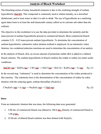 Solved h. Using the density of commercial bleach, calculate | Chegg.com