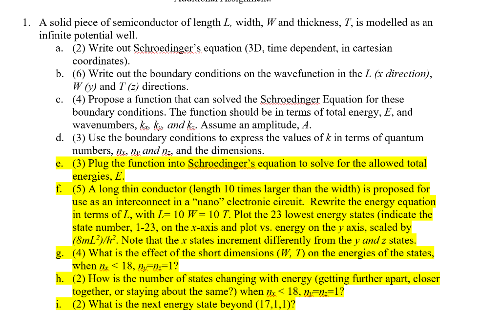 Solved 1. A solid piece of semiconductor of length L, width, | Chegg.com