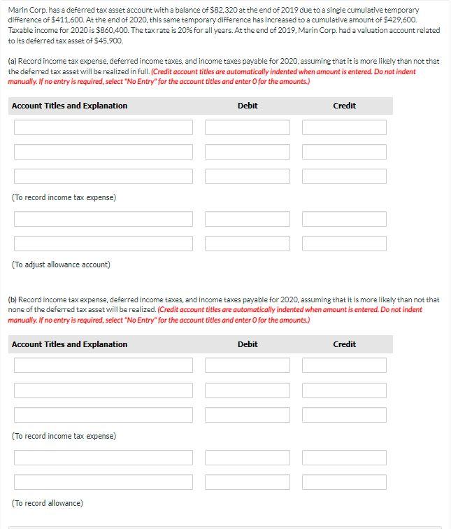Solved Marin Corp. Has A Deferred Tax Asset Account With A | Chegg.com