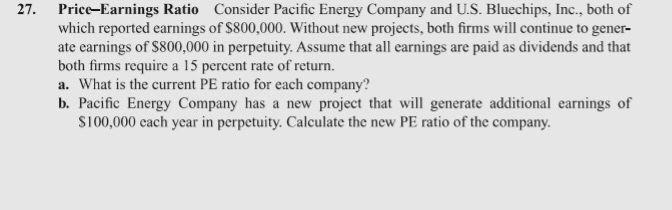 Solved 27. Price-Earnings Ratio Consider Pacific Energy | Chegg.com