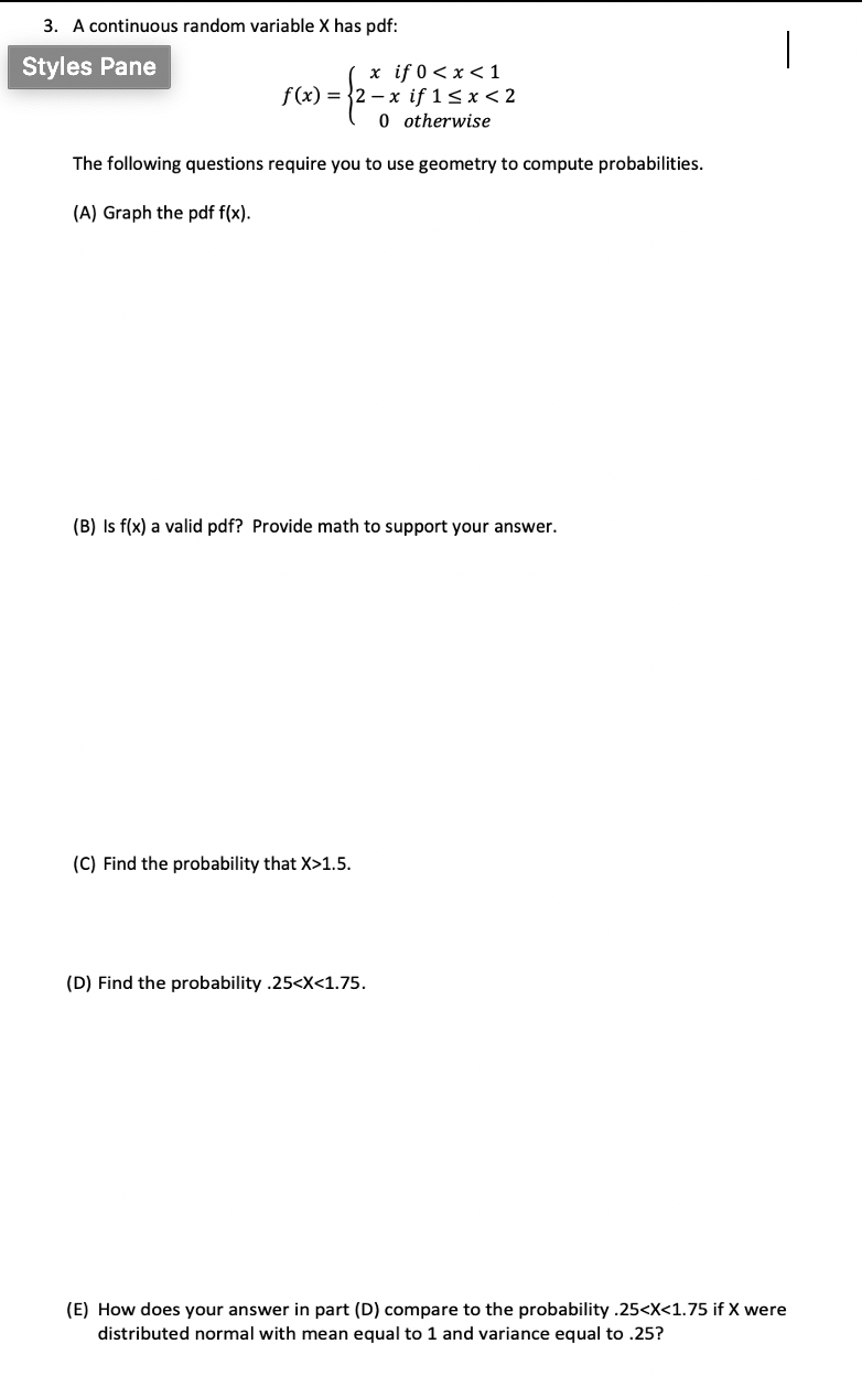 Solved 3. A continuous random variable X has pdf: 1 Styles | Chegg.com