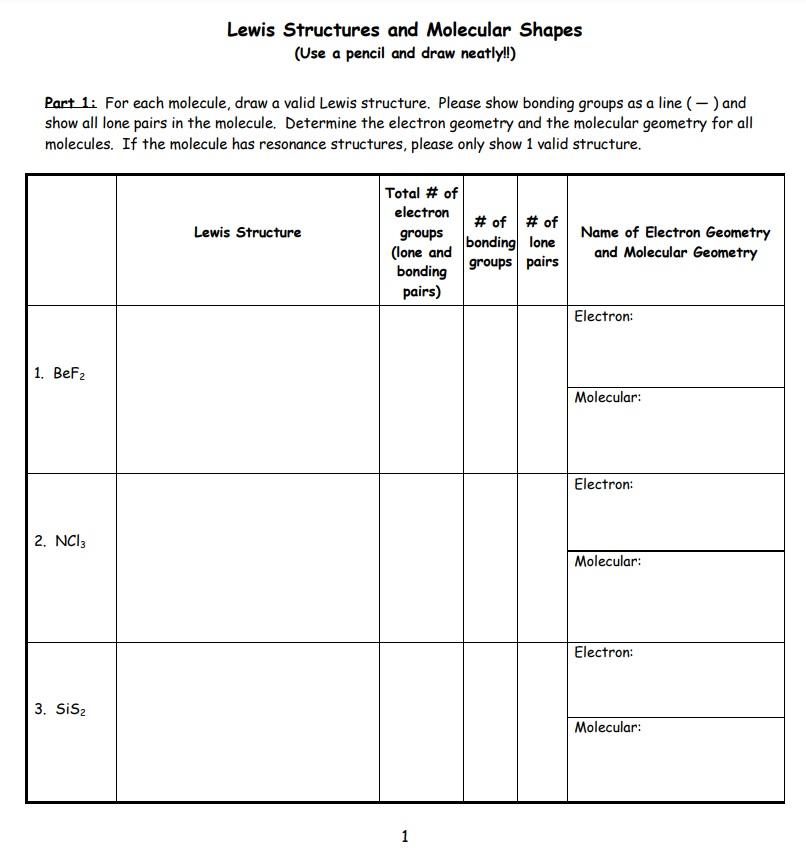 Solved Lewis Structures and Molecular Shapes (Use a pencil | Chegg.com