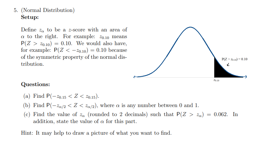 Setup: Define zα to be a z-score with an area of α to | Chegg.com