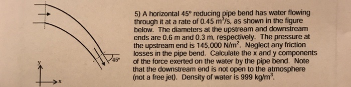 Solved 5) A horizontal 45° reducing pipe bend has water | Chegg.com