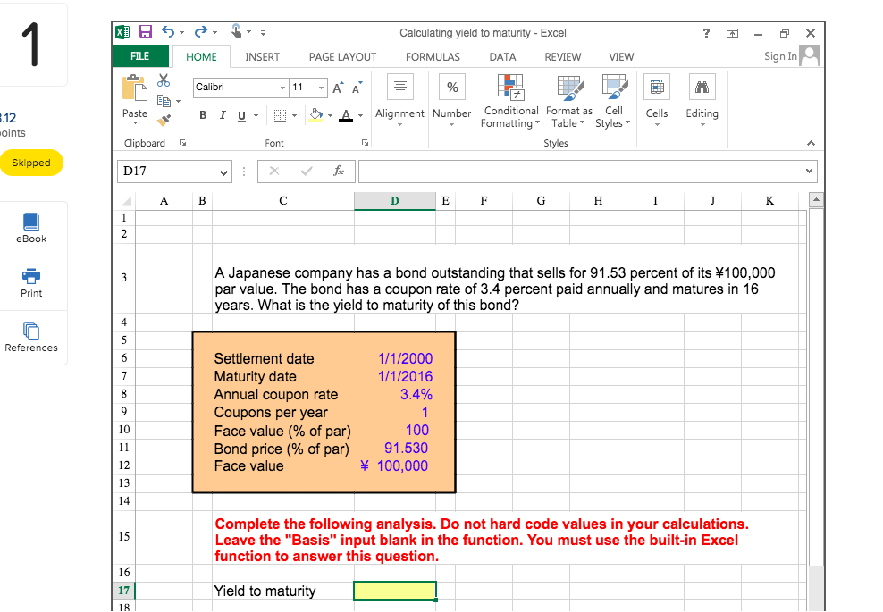 Solved X 5 ? X . HOME Calculating Yield To Maturity - Excel | Chegg.com