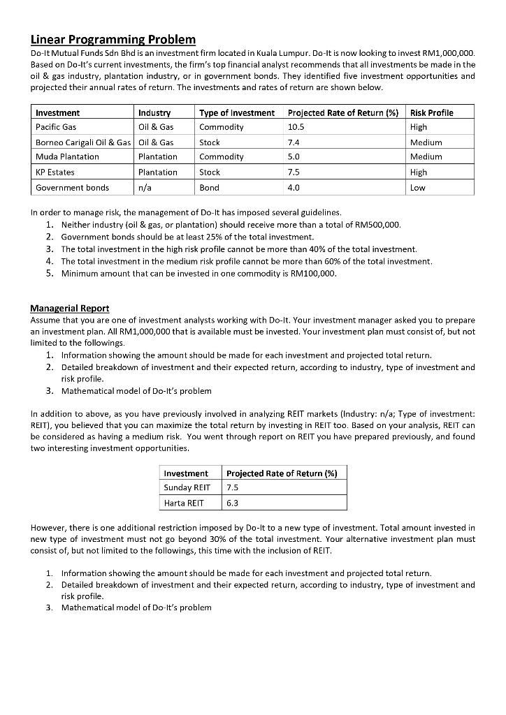 Linear Programming Problem Do-It Mutual Funds Sdn Bhd | Chegg.com