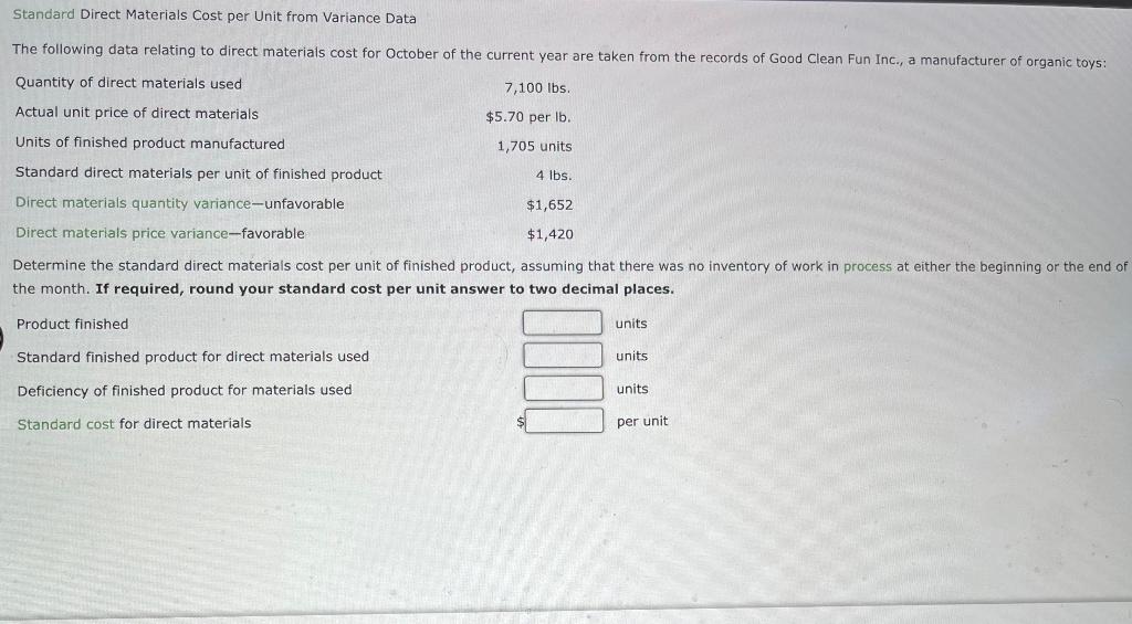 Solved Standard Direct Materials Cost per Unit from Variance