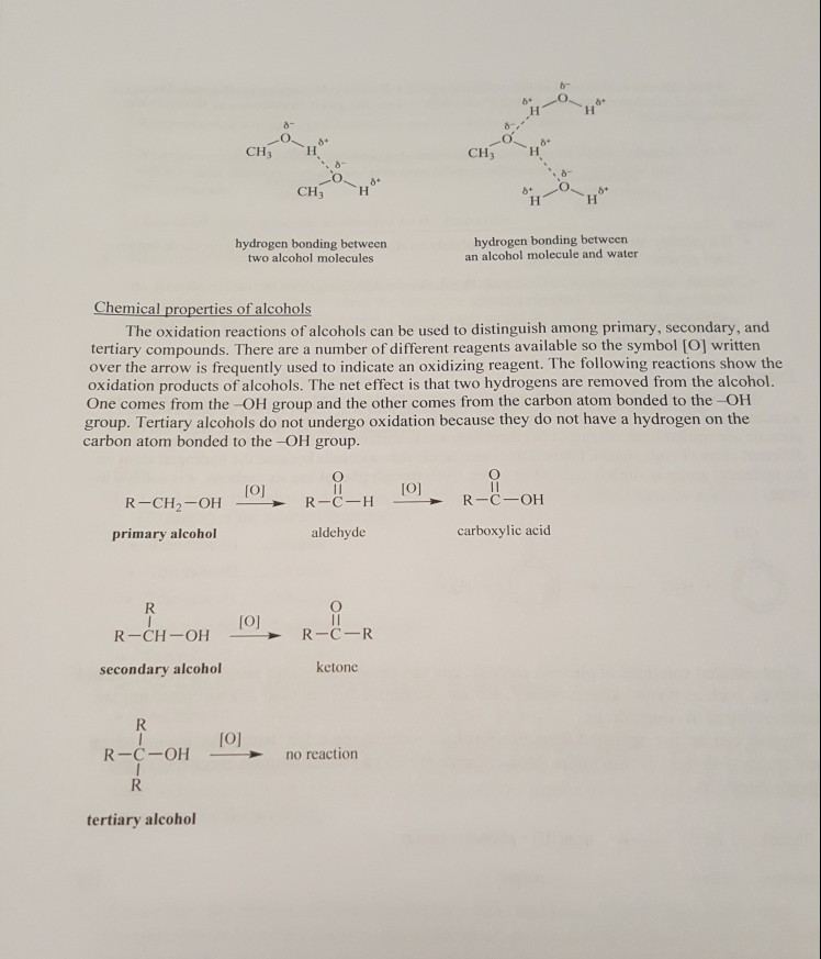 CH CHH CH CH** hydrogen bonding between two alcohol molecules hydrogen bonding between an alcohol molecule and water Chemical