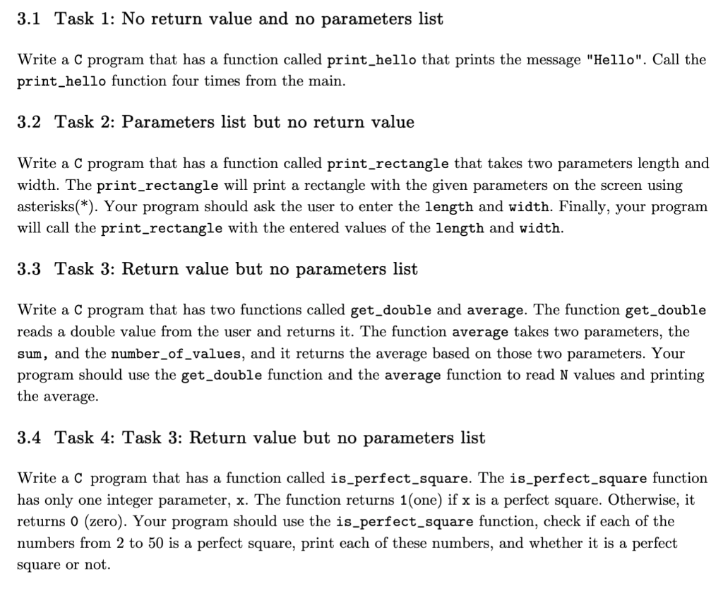 Solved 3.1 Task 1: No return value and no parameters list | Chegg.com