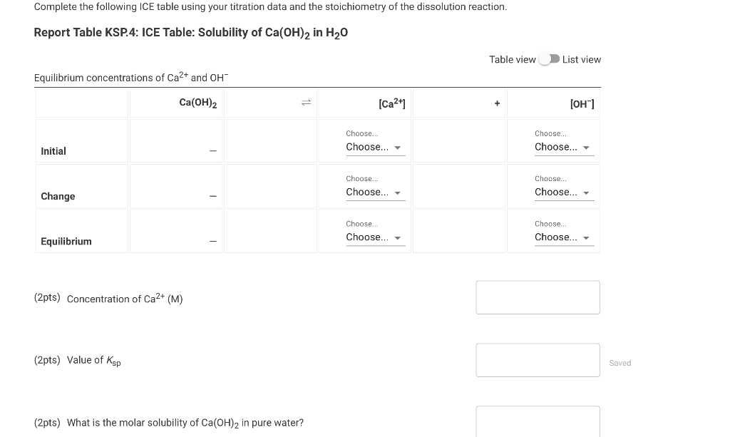 Report Table KSP.1: Titation Data (calcium Hydroxide | Chegg.com