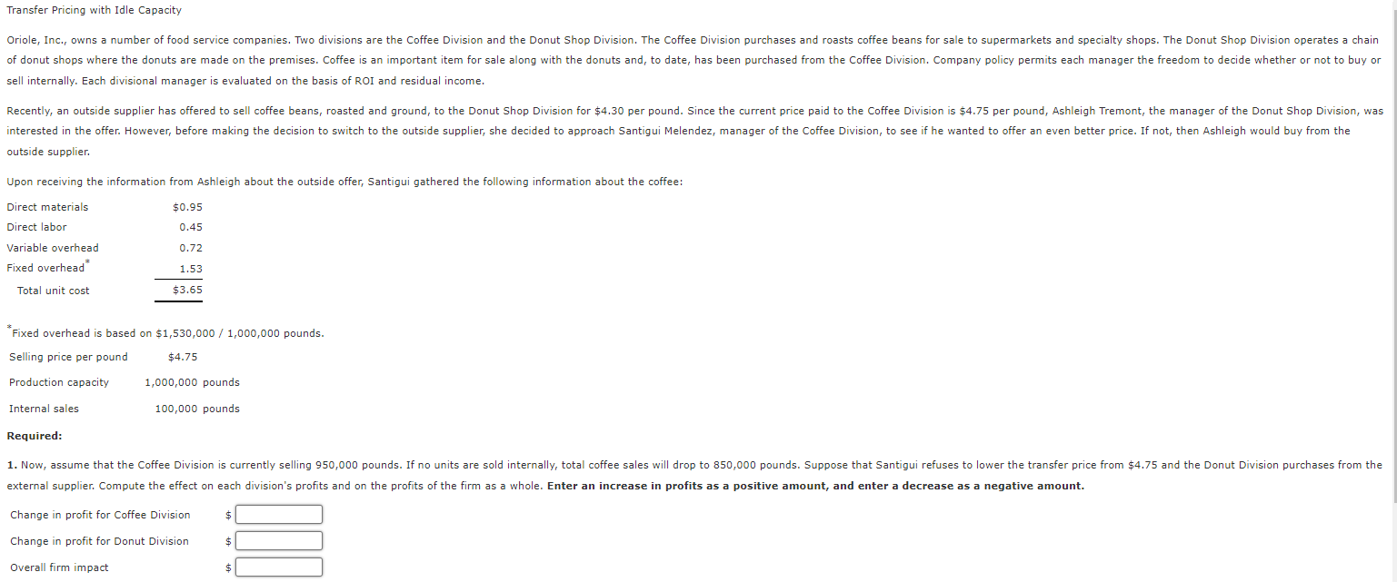 Solved Transfer Pricing with Idle Capacity Oriole, Inc., | Chegg.com