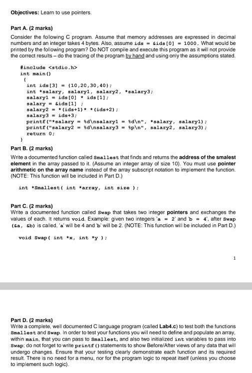 Solved Objectives: Learn To Use Pointers. Part A. (2 Marks) | Chegg.com
