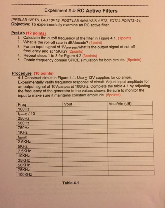 Solved Experiment 4 RC Active Filters (PRELAB 12PTS、LAB