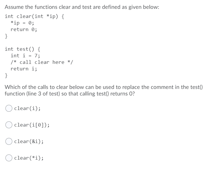 Solved Assume the functions clear and test are defined as | Chegg.com