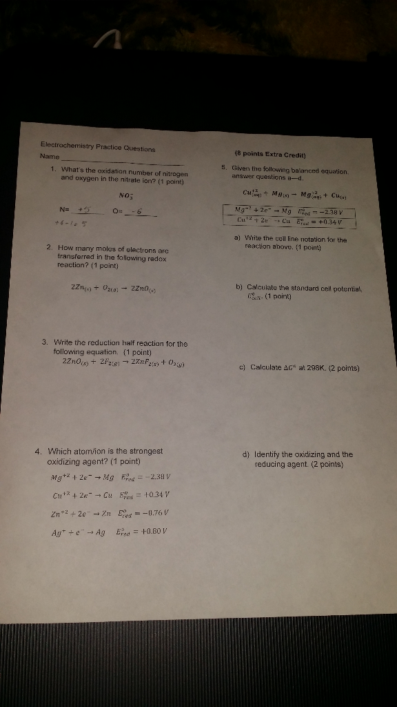 Solved Electrochemistry Practice Questions Name 1. What's