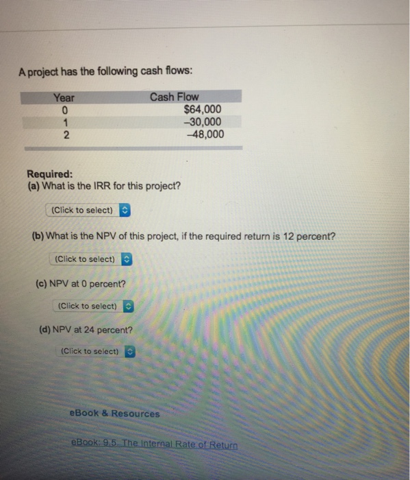 Solved A project has the following cash flows: Year Cash | Chegg.com