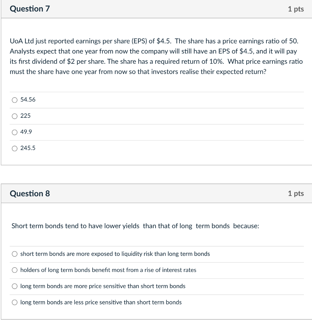 Solved Question 7 1 Pts Uoa Ltd Just Reported Earnings Per Chegg Com