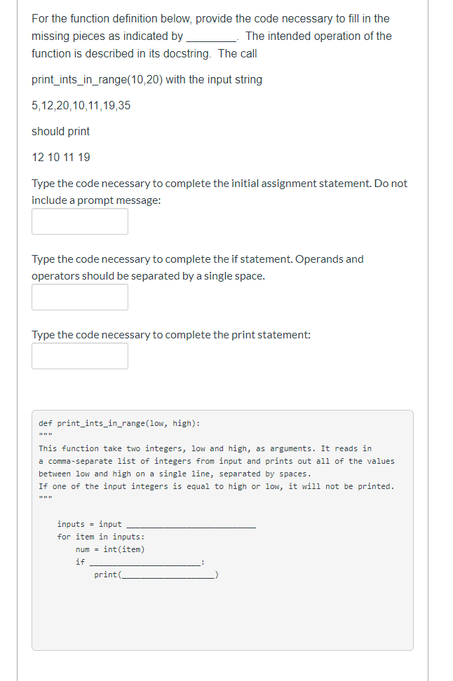 Solved For the function definition below, provide the code | Chegg.com