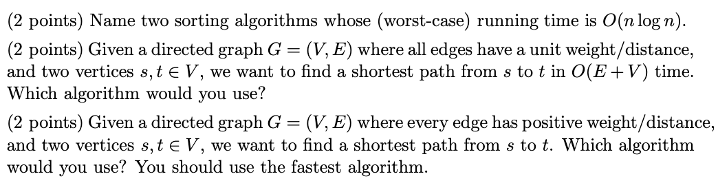 Solved (2 Points) Name Two Sorting Algorithms Whose | Chegg.com