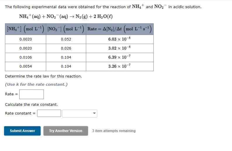 Solved The Following Experimental Data Were Obtained For The | Chegg.com