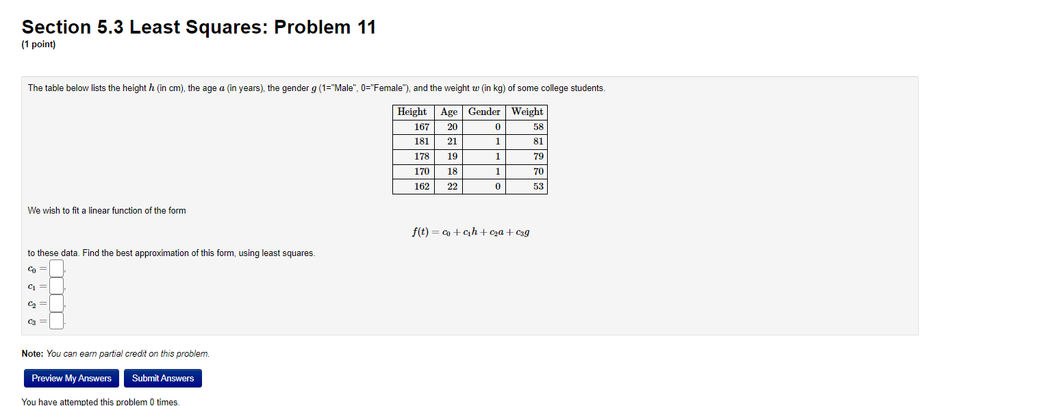 Solved Section 5.3 Least Squares: Problem 11 (1 point) The | Chegg.com