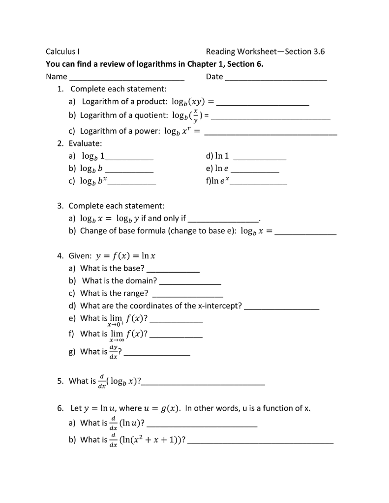 Solved Calculus l You can find a review of logarithms in | Chegg.com