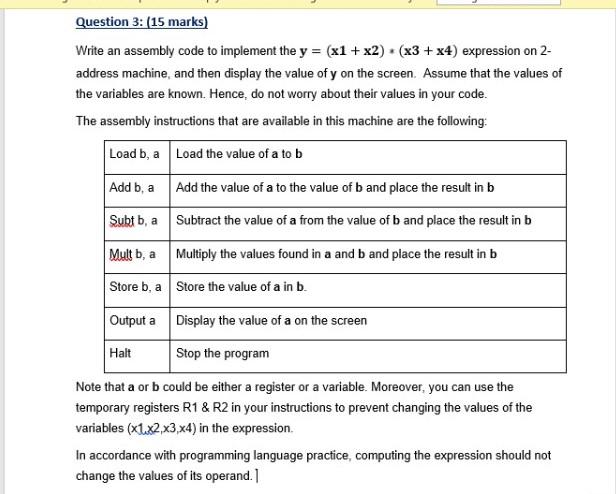 Solved Question 3: (15 marks) Write an assembly code to | Chegg.com
