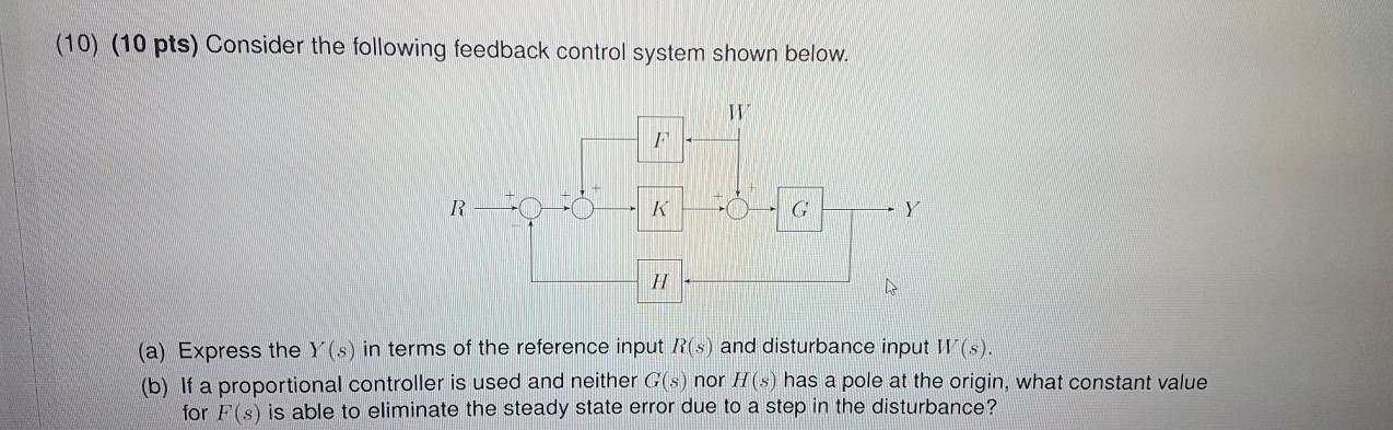 Solved (10) (10 pts) Consider the following feedback control | Chegg.com