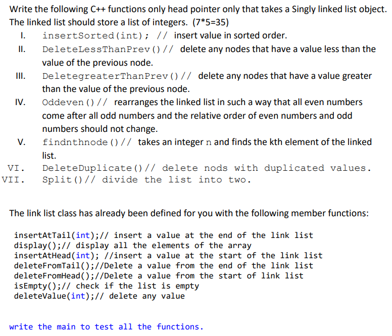 Solved Write the following C++ functions only head pointer | Chegg.com