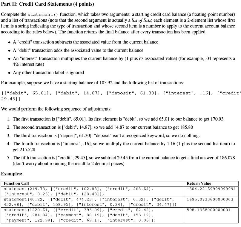 Solved Part II: Credit Card Statements (4 points) Complete | Chegg.com