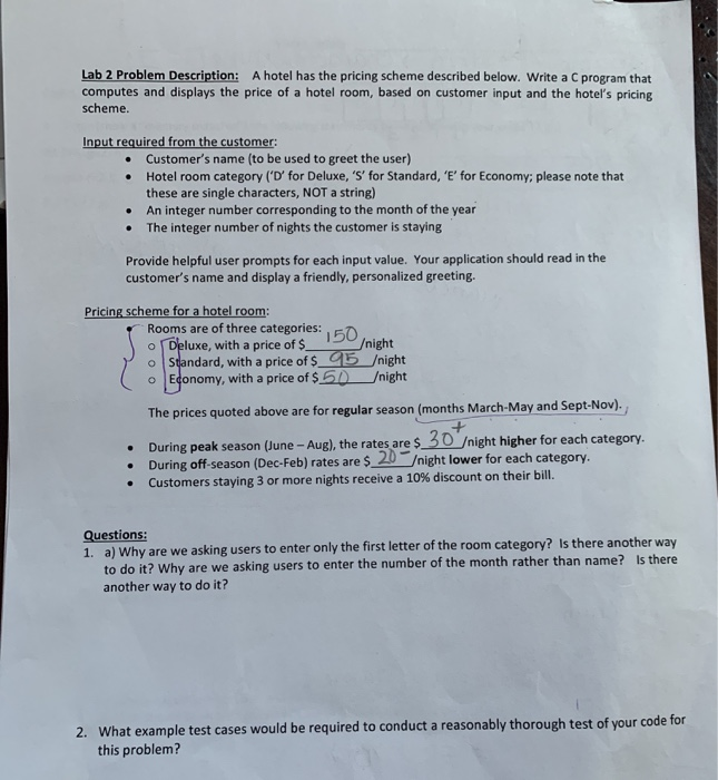 Solved Lab 2 Problem Description A Hotel Has The Pricing