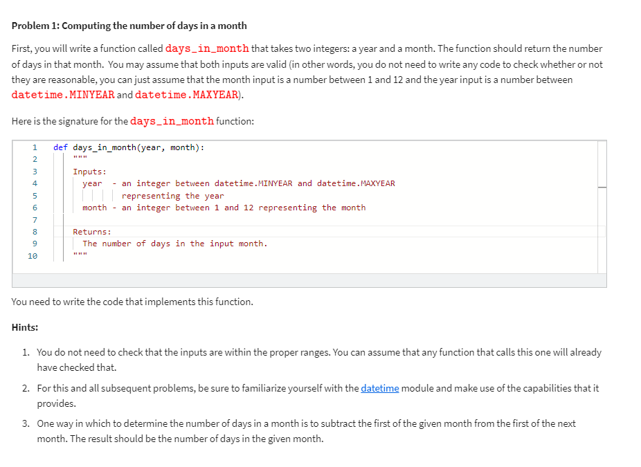 Solved Problem 1: Computing the number of days in a month | Chegg.com