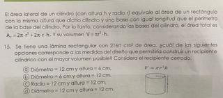 El área lateral de un cilindro (con altura hy radio r) equivale al área de un rectangulo con la misma altura que dicho cilind