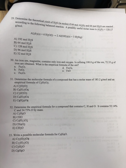 Solved 29. Determine the theoretical yield of H2S (in | Chegg.com