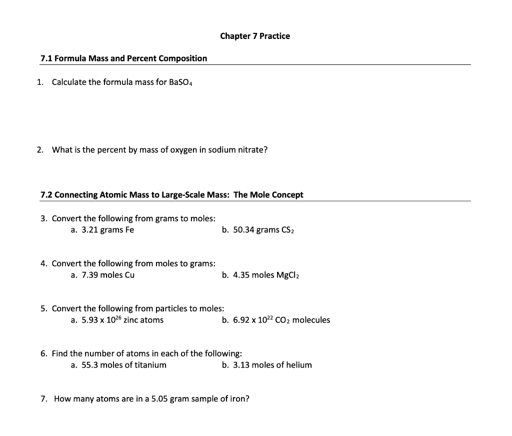 Solved Chapter 7 Practice 7.1 Formula Mass and Percent | Chegg.com