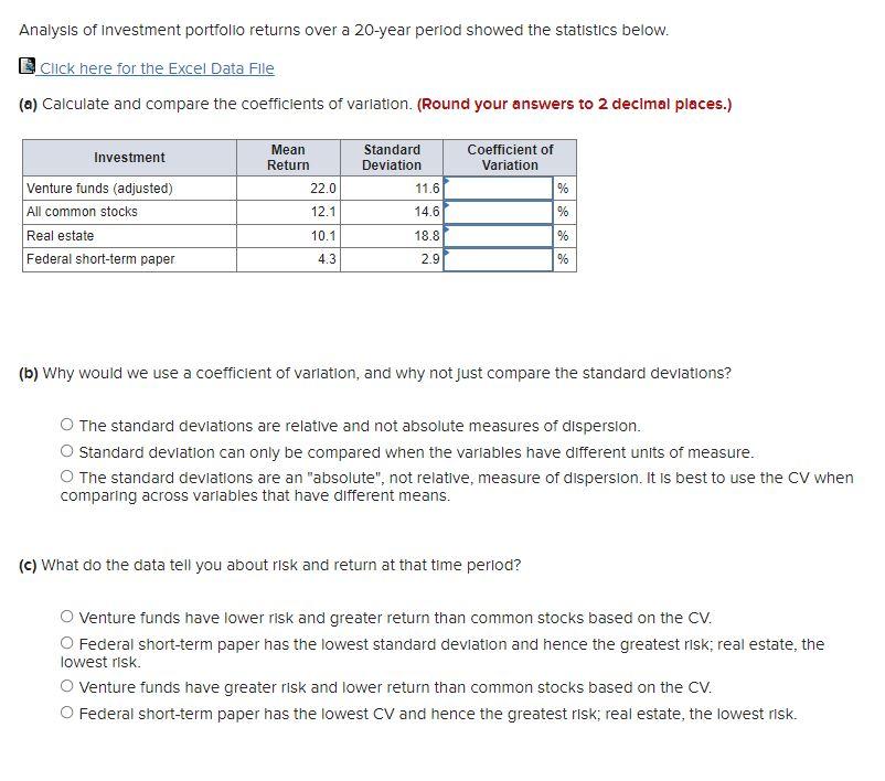 Analysis of investment portfolio returns over a 20 -year period showed the statistics below.
a Click here for the Excel Data 