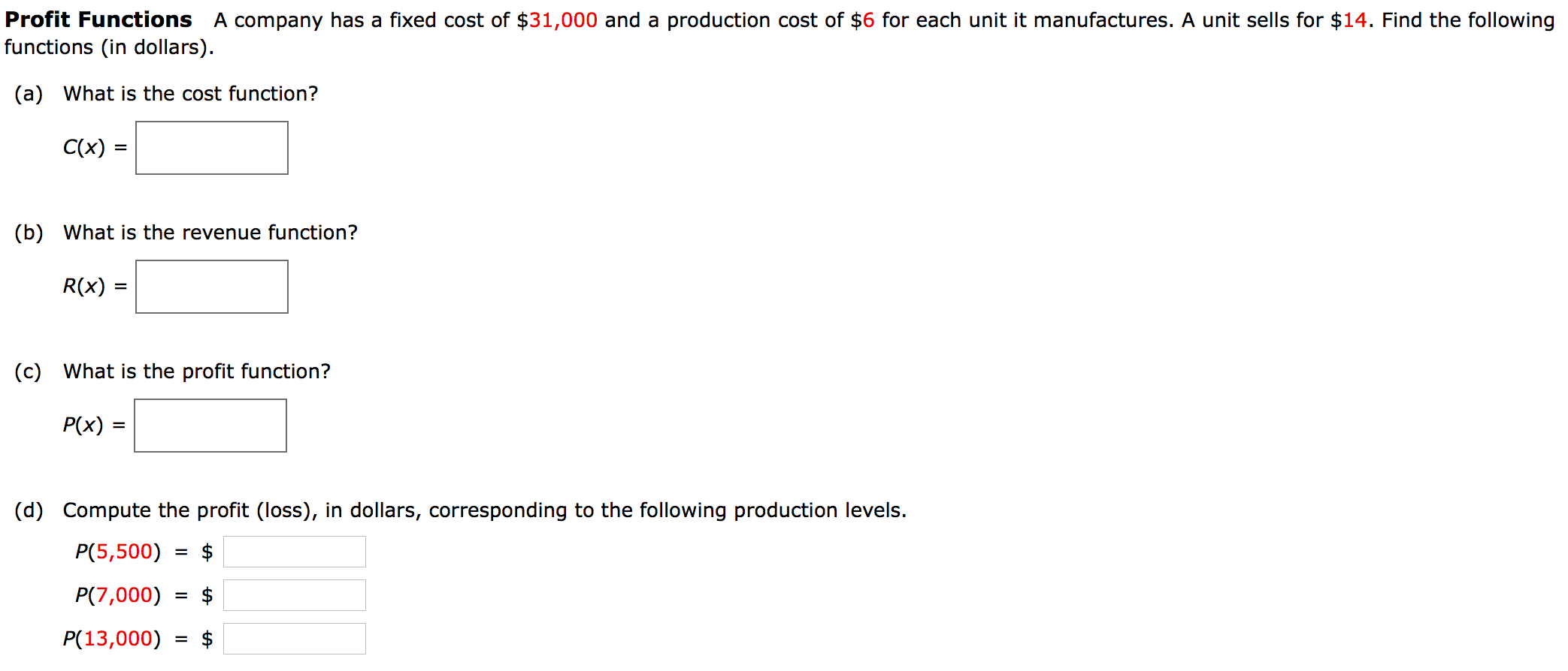 Solved Profit Functions A company has a fixed cost of | Chegg.com