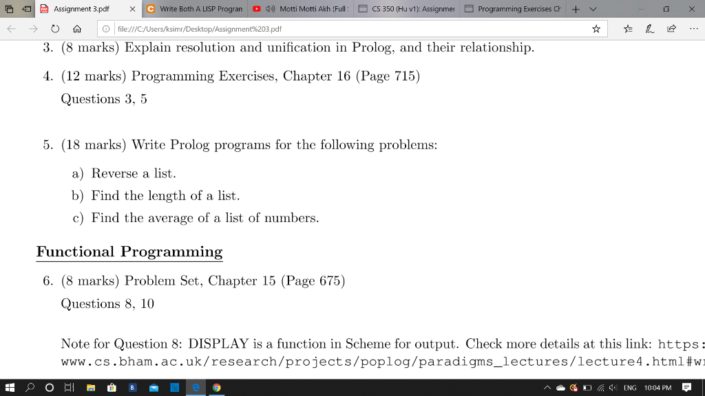 Solved A Assignment 3 Pdf X C Write Both A Lisp Progran Chegg Com