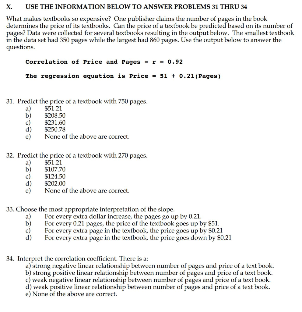 Solved X. USE THE INFORMATION BELOW TO ANSWER PROBLEMS 31 | Chegg.com