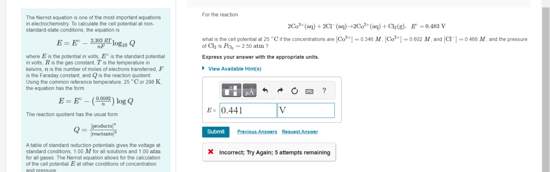 Solved For The Reaction The Nernst Equation Is One Of The | Chegg.com