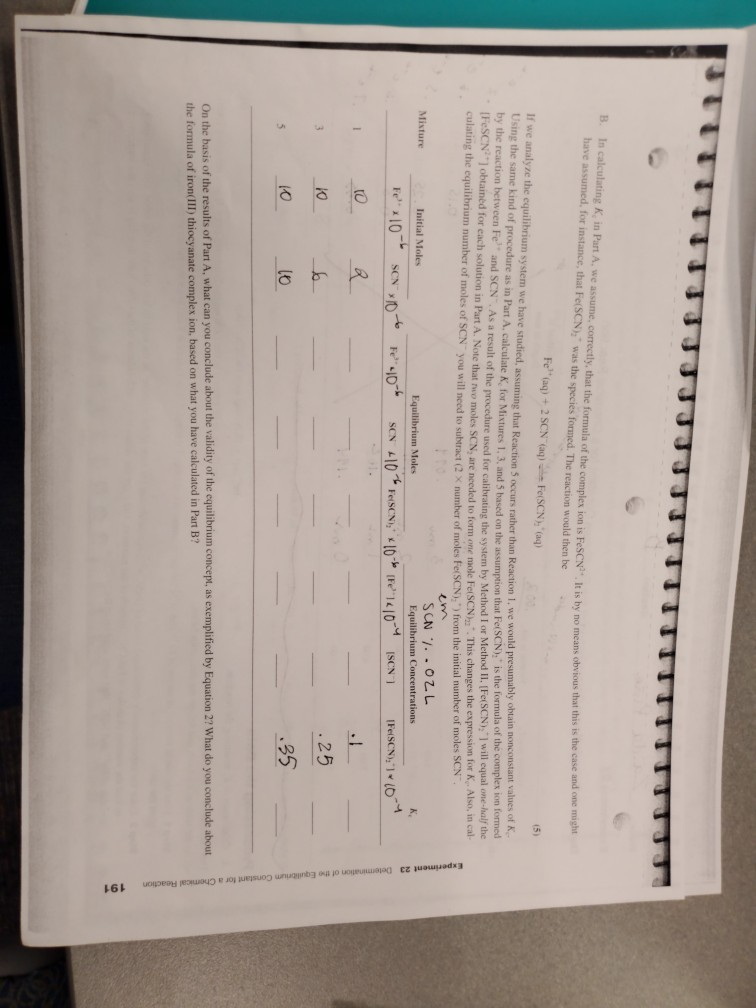 Section B Experiment 23 Data And Calculations: | Chegg.com