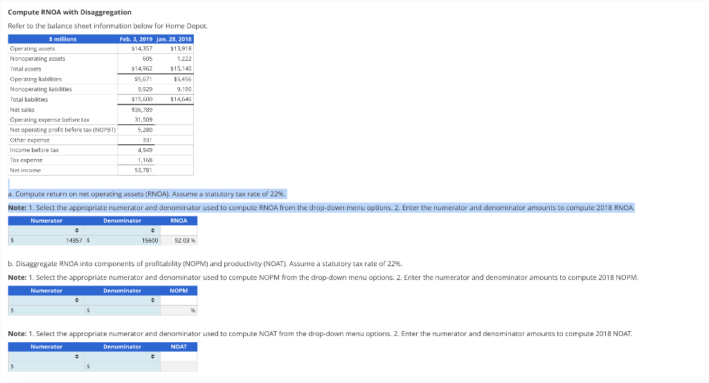 Compute RNOA with Disaggregation Refer to the balance | Chegg.com