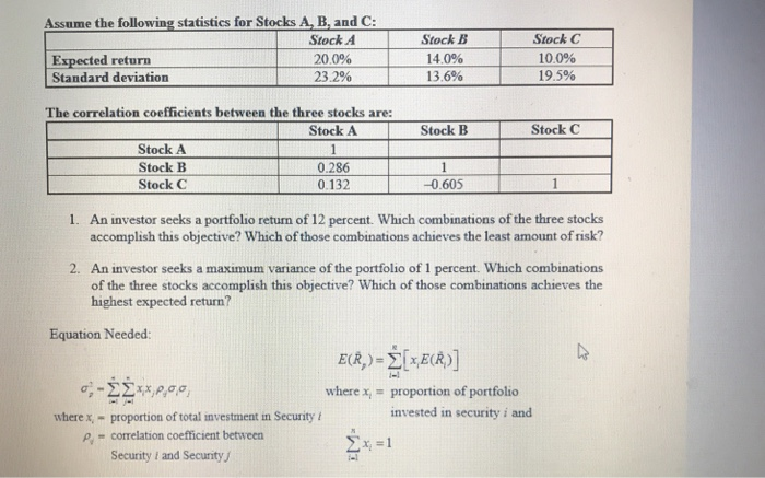 Assume The Following Statistics For Stocks A, B, And | Chegg.com