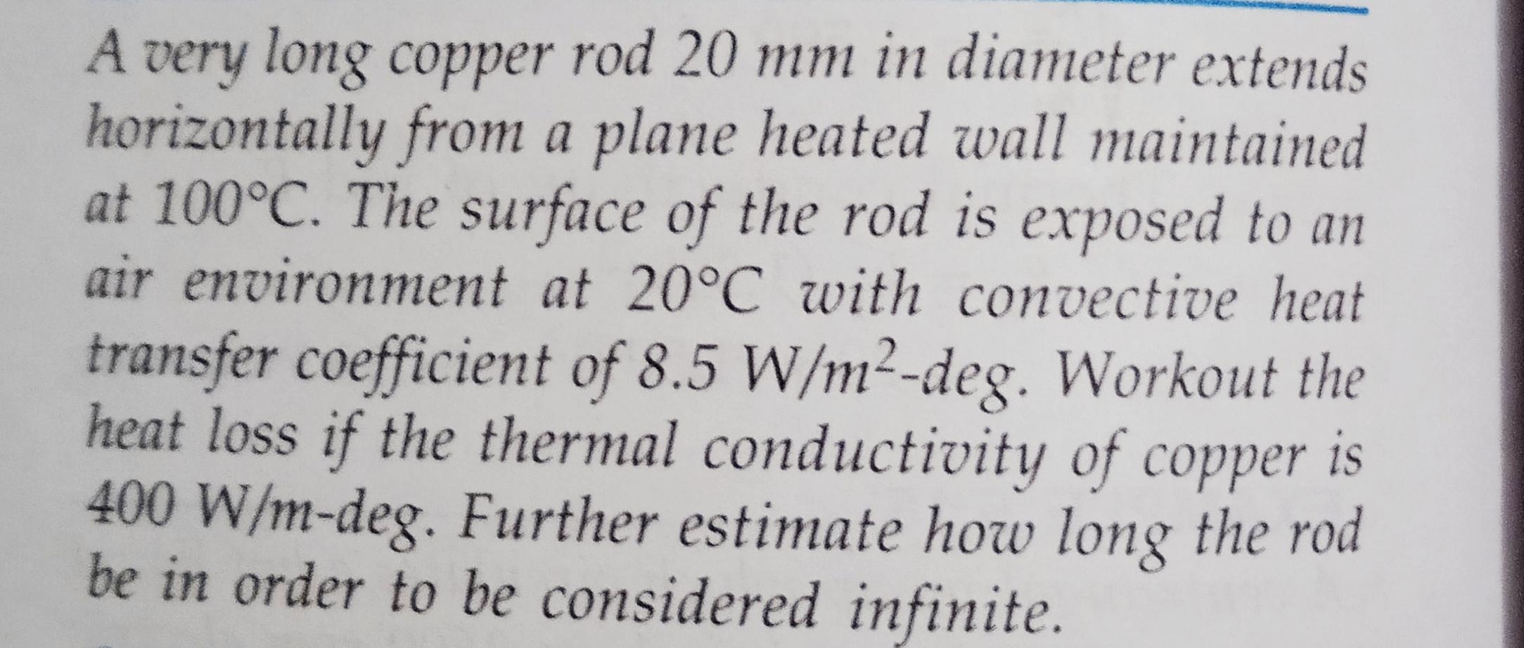 A very long copper rod 20 mm in diameter extends
horizontally from a plane heated wall maintained
at 100°C. The surface of th