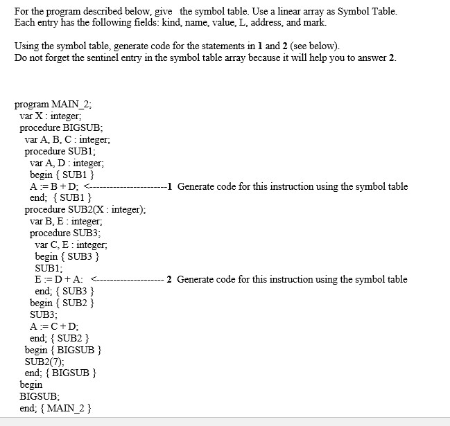 Symbol Table For the program described below, give | Chegg.com